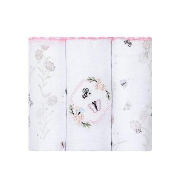 Imagem de Kit 3 Fraldas Papi 63x63cm com Ponto Elize Flores Jardim, Rosa Claro, 