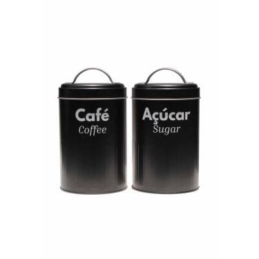 Imagem de Kit 2 Pote Lata Porta Mantimentos Metal Preto Café e Açucar