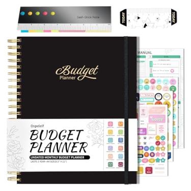 Imagem de Ospelelf Agenda de orçamento 2025, planejador de orçamento espiral e organizador de notas mensais com adesivos, 21 x 28 cm, agenda de orçamento sem data com 12 bolsos e bolsa com zíper (preto)