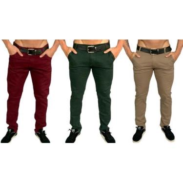 Imagem de Kit 3 calça masculina slim com lycra caqui bordo marrom skinny - empor