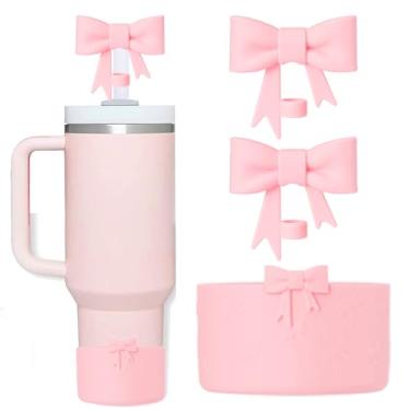 Imagem de Oddyami Capas de canudo com laço de silicone rosa + bota compatível com Stanley Cups, lindas botas de garrafa com canudo de 10 mm para copo de 1,134 g com alça, conjunto de acessórios de copo Stanley,