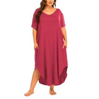 Imagem de Beocut Pijama feminino plus size, manga curta, vestido longo para dormir com bolsos, Z- vermelho, 3X