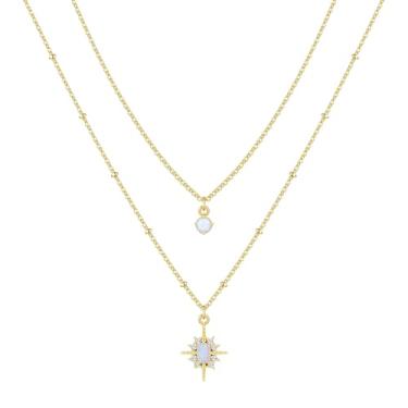 Imagem de Poxtex Gargantilha feminina em camadas douradas, conjunto de corrente delicada com pingente de estrela do sol 14K para joias modernas de praia, lindo pingente de pilha de zircônia cúbica à prova