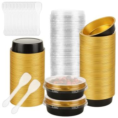 Imagem de LOPYXBR 100 peças de ramequins descartáveis com tampas, mini formas de bolo de 227 g com tampas e colheres mini assadeiras redondas com tampas, latas de bolo de ouro preto com tampas, formas de