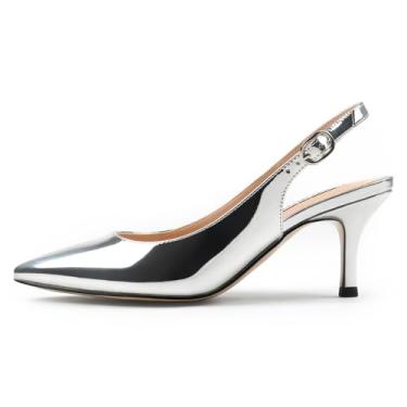 Imagem de JOY IN LOVE Sandálias femininas de salto gatinho com bico fino, Patente de prata, 35