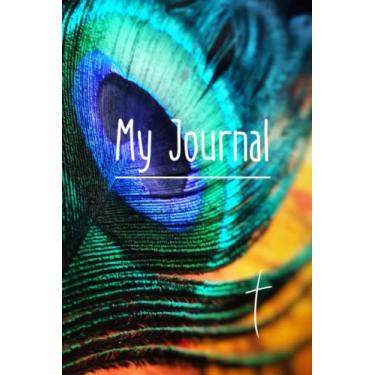 Imagem de Peacock Feather Journal: This 6" x 9" Notebook has 100 lined pages that has a cross watermark on each page. Great for sermon notes, bible study and small groups.