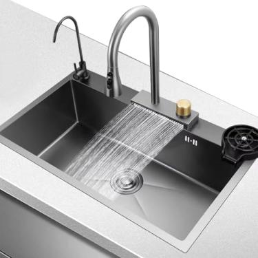 Imagem de Pia de cozinha cinza de aço inoxidável pia de cozinha grande pia única pia embutida com lavadora de copos torneira cachoeira acessórios completos, cinza arma, 72 x 40 x 22 cm