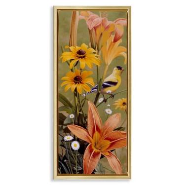 Imagem de Stupell Industries Among the Flowers Bird Framed Floater Canvas Wall Art Design por Rod Lawrence, moldura flutuante dourada, 35,5 x 78,5 cm