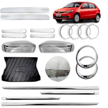 Imagem de Jogo aplique Cromado + Tapete protetor bandeja de porta mala - Aplique Friso 4P - Par Aplique farol de milha - Aplique Saída de Ar Interno/Gol G5 2008 + 2013 Compatível com modelo de 4 Portas