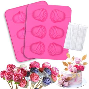 Imagem de Palksky Molde de rosa de silicone, molde pop de bolo rosa com palitos, moldes de pirulito rosa 3D para cupcake, suprimentos de panificação do Dia das Mães