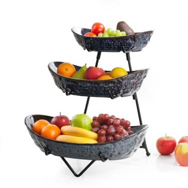 Imagem de KOKUNKA Tigelas de frutas de 3 camadas com suporte de metal, cesta de frutas de porcelana para balcão de cozinha, suporte de exibição de frutas para festas, vegetais, lanches, sobremesa, azul