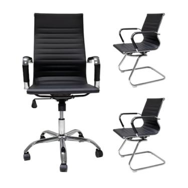 Imagem de Kit Conjunto Cadeira de Escritório Presidente Simples Ergonômica Stripes + 2 Cadeiras de Escritório com Base Fixa Stripes Pretas