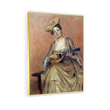 Imagem de Moldura dourada - impressões em tela arte de parede famosa reprodução de pintura - "Retrato de uma mulher com bandolim por Albert Edelfelt Impressão em tela giclée e pôsteres-arte de parede em tela