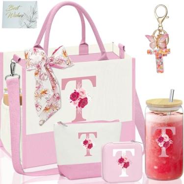 Imagem de AiHeart Presentes para mulheres, sacola de lona inicial, presentes personalizados para mulheres, presentes com monograma para mulheres, bolsa de praia inicial, bolsa de maquiagem inicial, presentes de