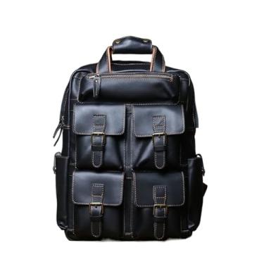Imagem de Mochila masculina de couro genuíno vintage mochila de couro de grande capacidade Bolsa para computador para homens(Black)