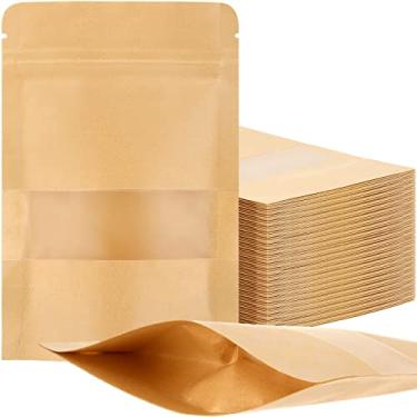 Imagem de 300 peças de sacos kraft com janela Kraft Stand up Sacos de papel Kraft com fecho de zíper bolsas a granel mini sacos de armazenamento de alimentos reutilizáveis sacos seláveis a calor para embalagem, negócios domésticos (10 x 15 cm)