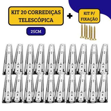 Imagem de Kit 20 Corrediças Gaveta Trilho Telescópica Light Com Parafusos 25cm -