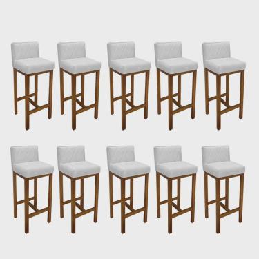 Imagem de Kit 10 Banqueta Alta Com Encosto Loren Cozinha Balcão Bistrô Base Madeira Carvalho Tecido Sintético Branco - Ahz Móveis
