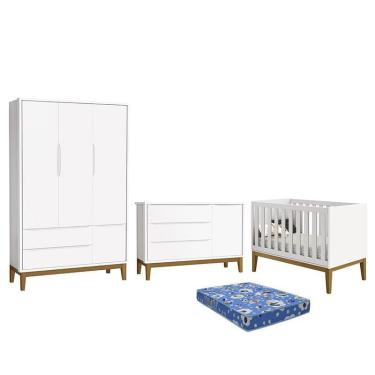 Imagem de Dormitório Infantil Classic 3 Portas, Cômoda 1 Porta, Berço com Pés Amadeirado e Colchão - Reller Móveis Branco Fosco