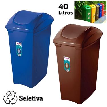 Imagem de Kit 2 Lixeiras 40 Litros Seletivas Para Papel Lixo Orgânico Cesto Tampa Basculante - Sanremo
