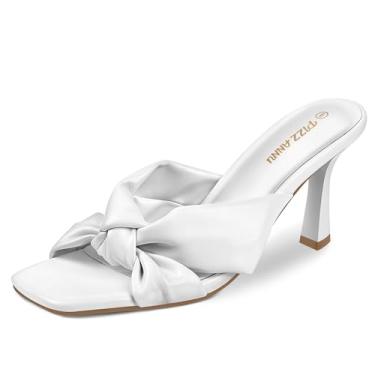 Imagem de PIZZ ANNU Sandália feminina Ariana com nó de salto quadrado aberto bico alto stiletto mules sem cadarço confortável bonito casual sapato sapato, Branco, 38