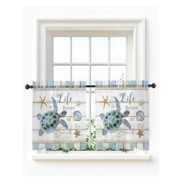 Imagem de Cortinas transparentes de tartarugas marinhas costeiras 61 cm de comprimento, conchas de estrela do mar náuticas pequenas cortinas de meia janela, bolso para varão, vanlance de madeira, tratamentos de