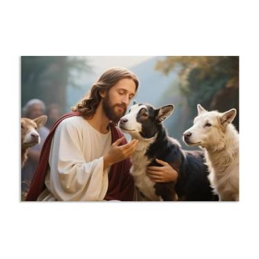 Imagem de Arte de parede em tela Jesus e Cordeiro, Jesus e Cordeiro Cristão, Jesus Cristão Rei Leão Impressão Pôster Pintura Religiosa Arte Igreja Decoração de Parede Imagens 90 x 60 cm Pôster