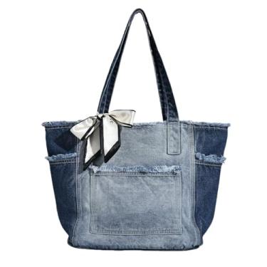 Imagem de GJHFCXSO Bolsa Tote Jeans Casual Feminina Bolsa de Ombro com Blocos de Cores Grande Capacidade Borda Crua Vários Bolsos,Blue