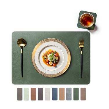 Imagem de RENMTURE Jogo americano de couro sintético, conjunto com 4 copos, lavável, para mesa de jantar de cozinha, restaurante, cafeteria (verde escuro/cinza claro, retangular)
