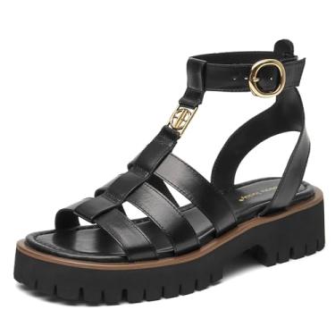 Imagem de BEAU TODAY Sandálias Femininas Plataforma Estilo Pescador, Gladiadoras Robustas Para Mulheres, Casuais De Couro Com Bico Aberto, Confortáveis, Leves E Elegantes Fivela No Tornozelo, Pretas - B Eua 8