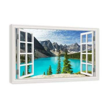 Imagem de PY3H69 Arte de parede em tela de janela aberta, impressão natural em tela. Lindo cenário de montanha 12,7 cm, decoração de parede de paisagem de janela, decoração de casa moderna. Moldura interna