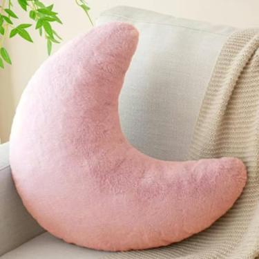 Imagem de Almofada de lua de 15,7 polegadas, almofadas decorativas com coelho falso macio para cama de sofá, almofadas em forma de lua, almofadas de pelúcia para decoração de quarto, sala de estar (rosa)