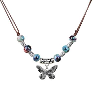 Imagem de Colar feito à mão com contas de cerâmica azul-petróleo hippie com pingente de borboleta, colar boêmio para mulheres, acessório étnico de verão, Adjustable, Cerâmica, Sem Pedra Preciosa