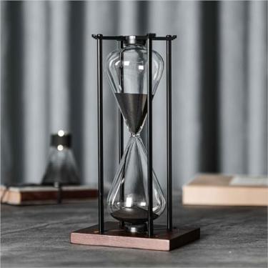 Imagem de ELAINESTORE Temporizador de ampulheta de 60 minutos, moldura metálica decorativa com base de madeira removível (areia preta, tamanho grande)