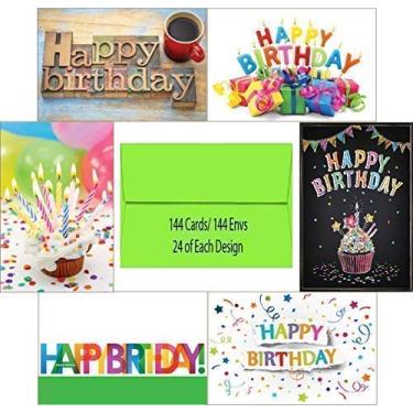 Imagem de Conjunto de caixa de sortimento de cartão de aniversário 144 em branco com envelopes e cartões A4 24 cada design para funcionários, escritório ou clientes, em branco no interior, feito nos EUA