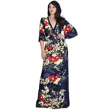 Imagem de Vestido maxi longo estilo boêmio havaiano floral gola V manga 3/4 KOH KOH, Dark Navy Blue, 4X-Large