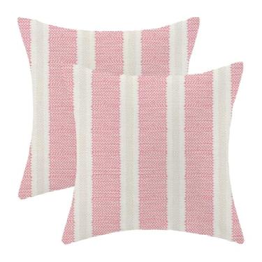 Imagem de AEIOAE Capas de almofada rosa choque para o verão ao ar livre, 45,7 x 45,7 cm, Boho Bolinhas listradas, decoração para sofá-cama, geométrico, moderno, casa de fazenda, capa de almofada de linho