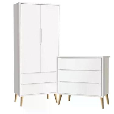 Imagem de Guarda Roupa 2 Portas E Cômoda 3 Gav Theo Branco Fosco Pés Madeira Natural Reller Móveis