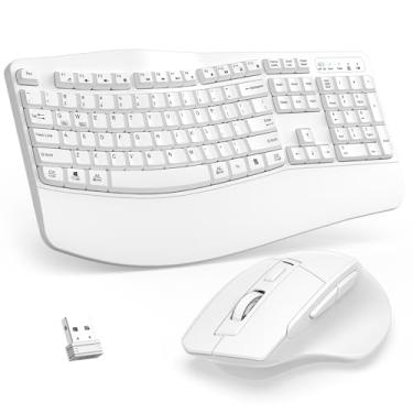 Imagem de Combo de teclado e mouse sem fio, teclado ergonômico de 2,4 G, teclas onduladas, com descanso de pulso e mouse ergonômico sem fio ajustável de 3 níveis DPI para Windows, Mac OS, desktop/PC (branco)