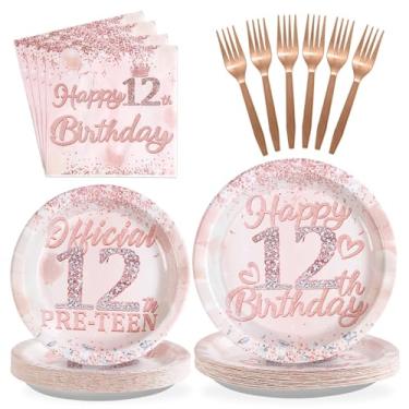Imagem de Grencian Decorações de aniversário de 12 anos, pratos e guardanapos descartáveis em ouro rosa para 12 anos, conjunto de talheres de papel para meninas de 12 anos, serve 24