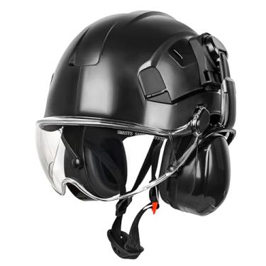 Imagem de SMASYS Capacete De Segurança Com Viseira E Protetores Auriculares - Escalada Ajustável Suspensão 6 Pontos, Perfeito Para Construção, Proteção A Cabeça, Capacetes Segurança, Preto (Protetores Transpa