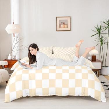Imagem de Manfei Conjunto de capa de edredom quadriculada champanhe, tamanho casal, conjunto de cama quadrado de malha geométrica reversível, 3 peças, decoração de quarto de crianças e adolescentes, capa de