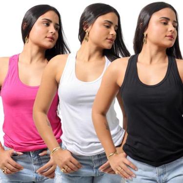 Imagem de Kit 3 Camisetas Regata Feminina tecido Viscolycra TechMalhas, Rosa bra
