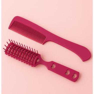 Imagem de Kit Escova Para Cebelo + Pente Rosa Com Detalhes Coração - JW SHOP