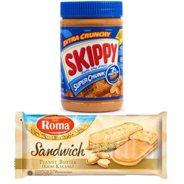 Imagem de Manteiga Pasta de Amendoim Americana Original SKIPPY Proteína Vegetal - Crocante 462g + Biscoito ROMA Sandwich recheado com Manteiga de Amendoim 206g
