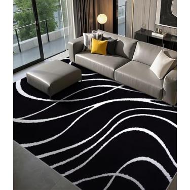 Imagem de YIHOUSE Tapetes pretos modernos 20 x 25 cm, grande preto e branco, lavável para sala de estar, tapete geométrico abstrato fino, tapetes listrados minimalistas, 20 x 25 cm, para quarto, escritório