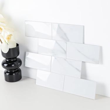 Imagem de Azulejo de metrô Backsplash com 6 folhas, autoadesivo 30,5 cm x 30,5 cm de Carrara branco brilhante para cozinha e banheiro