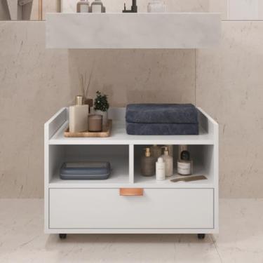 Imagem de Gabinete Armário Banheiro Pia De Coluna C/Rodízios Cobreado(Branco)