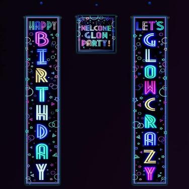 Imagem de Decorações de festa neon que brilham – faixa de porta de feliz aniversário que brilha no escuro, letreiro de varanda com brilho louco, decoração de pano de fundo de fotografia de luz negra para