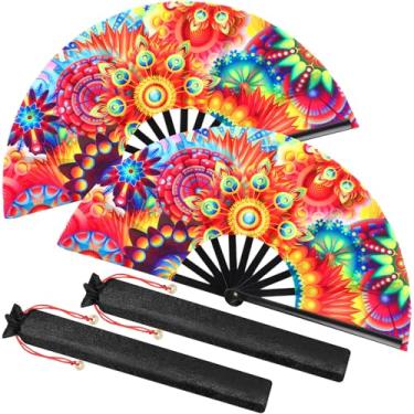 Imagem de Boao 2 peças de leques de mão dobráveis grandes para homens e mulheres Fã de festival chinês dobrável UV Glow Fan com bolsas para dança em linha, kungfu, festa de festival de música, discoteca